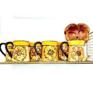 Vintage Clay Art Sunflower Ceramic Mugs – Set of 6 – Hand Painted, Rustic Style
